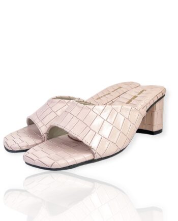 embossed pink croc block heels mules