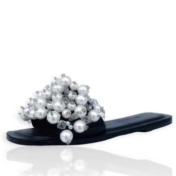 Kieva Desuwa Margo Slide in black leather with pearl and crystal beads