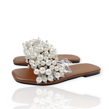 Kieva Desuwa Margo Slide in brown leather with hand-beaded pearls and crystal beads