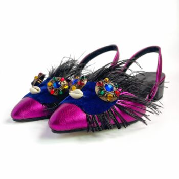 Fuchsia and blue slingback with black feathers, jeweled eyes, and cowrie detail