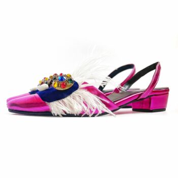 Fuchsia and blue slingback with white feathers, jeweled eyes, and cowrie detail