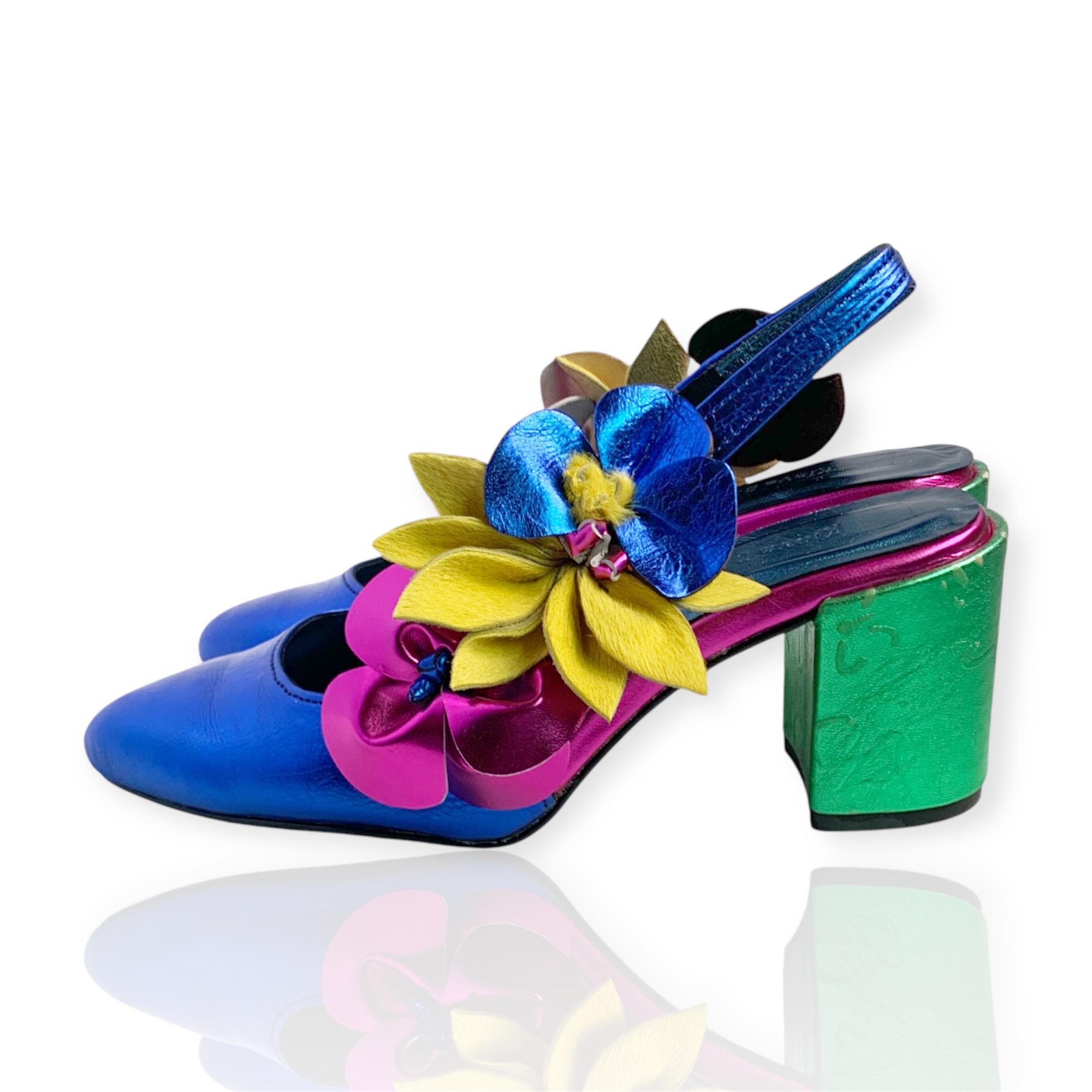 KievaDesuwa-ZioraBloom-Heel-Viva-Side-View Handcrafted blue pink and yellow floral heel by Kieva Desuwa, made in Lagos Nigeria